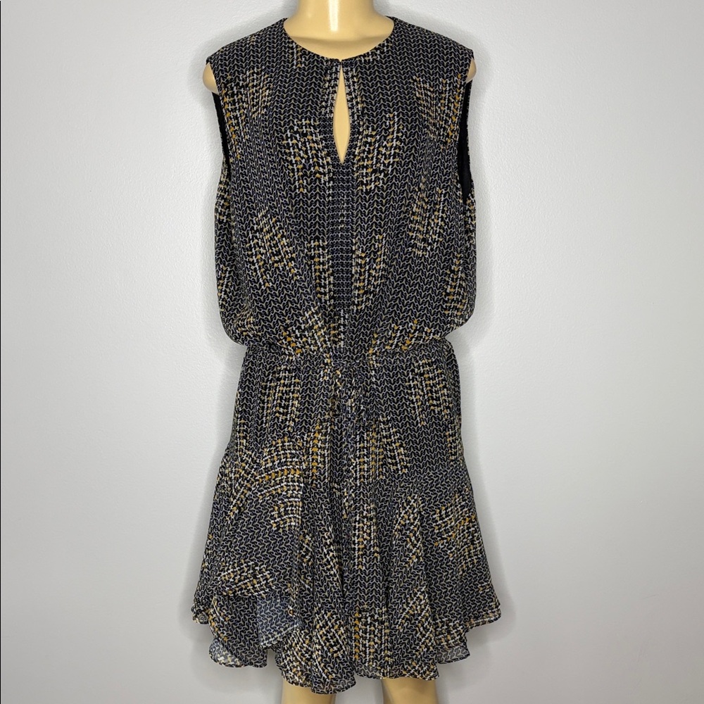 Reiss Stefania Printed Keyhole Waist Tie Dress in Black and Yellow Size 10 - Picture 2 of 8